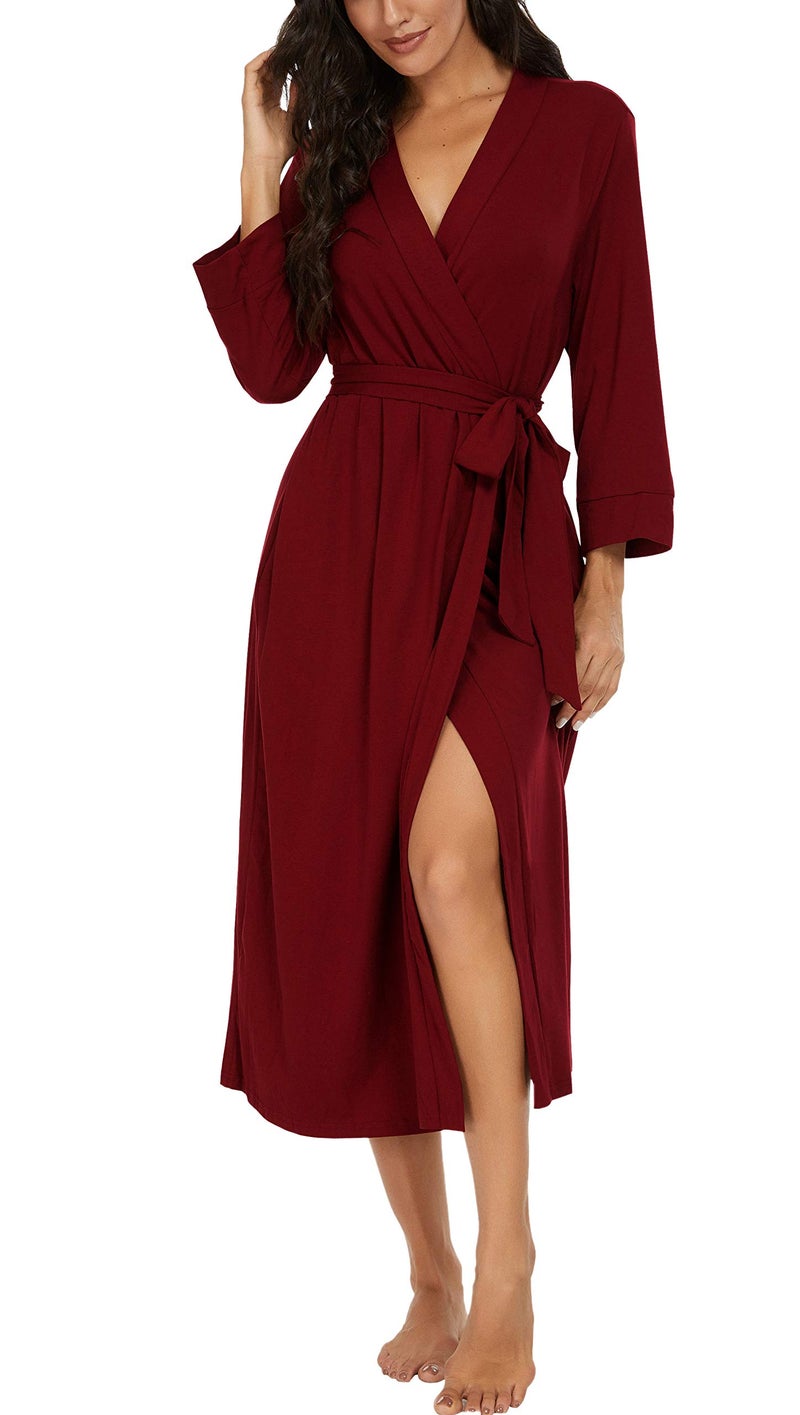 VINTATRE Women Kimono Robes Long Knit Bathrobe Lightweight Soft Knit Sleepwear V-neck Casual Ladies Loungewear Wine Red-X-Large - Image 1